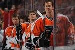 PHILADELPHIA, PA - OCTOBER 24: Chris Pronger #20 and the Philadelphia Flyers stand at attention during the national anthem prior to the game against the Toronto Maple Leafs at Wells Fargo Center on October 24, 2011 in Philadelphia, Pennsylvania.  (Photo by Bruce Bennett/Getty Images)