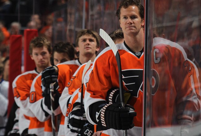 PHILADELPHIA, PA - OCTOBER 24: Chris Pronger #20 and the Philadelphia Flyers stand at attention during the national anthem prior to the game against the Toronto Maple Leafs at Wells Fargo Center on October 24, 2011 in Philadelphia, Pennsylvania.  (Photo by Bruce Bennett/Getty Images)
