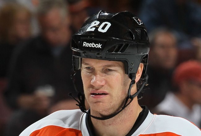 PHILADELPHIA, PA - OCTOBER 22:  Chris Pronger #20 of the Philadelphia Flyers in action against the St. Louis Blues on October 22, 2011 at Wells Fargo Center in Philadelphia, Pennsylvania. The Blues defeated the Flyers 4-2.  (Photo by Jim McIsaac/Getty Images)