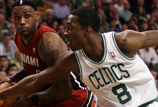 BOSTON, MA - MAY 07:  Jeff Green #8 of the Boston Celtics tries to get the ball from LeBron James #6 of the Miami Heat  in Game Three of the Eastern Conference Semifinals in the 2011 NBA Playoffs on May 7, 2011 at the TD Garden in Boston, Massachusetts.  The Boston Celtics defeated the Miami Heat 97-81. NOTE TO USER: User expressly acknowledges and agrees that, by downloading and or using this photograph, User is consenting to the terms and conditions of the Getty Images License Agreement.  (Photo by Elsa/Getty Images)