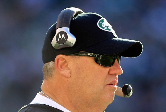 EAST RUTHERFORD, NJ - DECEMBER 11: Rex Ryan head coach of the New York Jets coaches from the sideline against the Kansas City Chiefs  at MetLife Stadium on December 11, 2011 in East Rutherford, New Jersey.  (Photo by Chris Trotman/Getty Images)