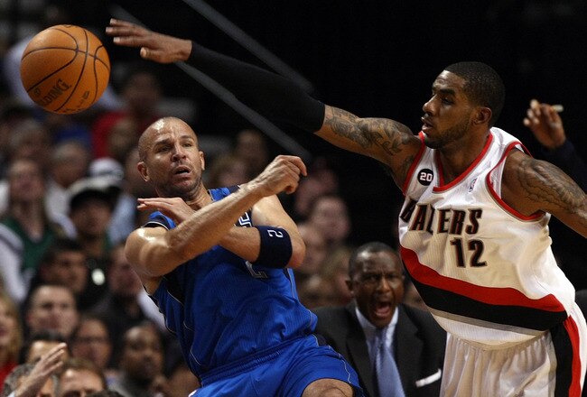 PORTLAND, OR - APRIL 23:  LaMarcus Aldrdige #12 of the Portland Trail Blazers defends Jason Kidd #2 of the Dallas Mavericks in Game Four of the Western Conference Quarterfinals in the 2011 NBA Playoffs on April 23, 2011 at the Rose Garden in Portland, Oregon. NOTE TO USER: User expressly acknowledges and agrees that, by downloading and or using this photograph, User is consenting to the terms and conditions of the Getty Images License Agreement.  (Photo by Jonathan Ferrey/Getty Images)