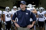 FORT COLLINS, CO - NOVEMBER 01:  Head coach Bronco Mendenhall of the Brigham Young Cougars prepares to lead his team onto the field to face the Colorado State Rams at Sonny Lubick Field at Hughes Stadium on November 1, 2008 in Fort Collins, Colorado. BYU defeated CSU 45-42.  (Photo by Doug Pensinger/Getty Images)