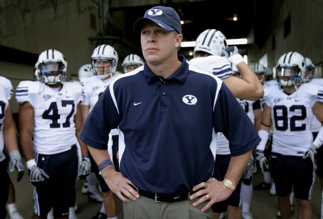 FORT COLLINS, CO - NOVEMBER 01:  Head coach Bronco Mendenhall of the Brigham Young Cougars prepares to lead his team onto the field to face the Colorado State Rams at Sonny Lubick Field at Hughes Stadium on November 1, 2008 in Fort Collins, Colorado. BYU defeated CSU 45-42.  (Photo by Doug Pensinger/Getty Images)