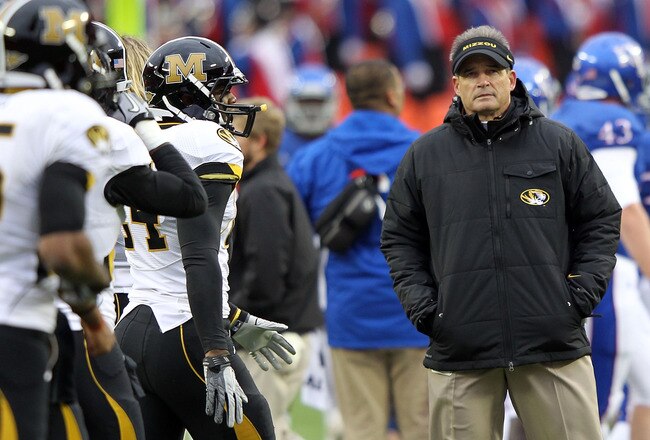 KANSAS CITY, MO - NOVEMBER 26:  Head coach Gary Pinkel of the Missouri Tigers watches pre-game warm-ups prior to the game against the Kansas Jayhawks November 26, 2011 at Arrowhead Stadium  in Kansas City, Missouri.  (Photo by Jamie Squire/Getty Images)