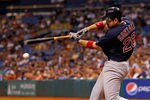 ST. PETERSBURG, FL - JULY 15:  Infielder Adrian Gonzalez #28 of the Boston Red Sox fouls off a pitch against the Tampa Bay Rays during the game at Tropicana Field on July 15, 2011 in St. Petersburg, Florida.  (Photo by J. Meric/Getty Images)