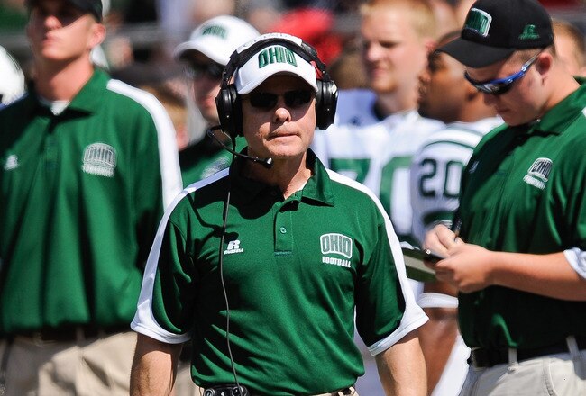 COLUMBUS, OH - SEPTEMBER 18:  Head Coach Frank Solich of the Ohio Bobcats watches his team play against the Ohio State Buckeyes at Ohio Stadium on September 18, 2010 in Columbus, Ohio.  (Photo by Jamie Sabau/Getty Images)