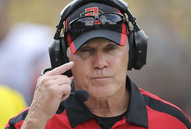 ANN ARBOR, MI - SEPTEMBER 24: San Diego State's head coach Rocky Long watches the action on the field during the game against the Michigan Wolverines at Michigan Stadium on September 24, 2011 in Ann Arbor, Michigan. Michigan defeated San Diego 28-7.  (Photo by Leon Halip/Getty Images)