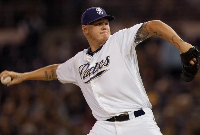 SAN DIEGO, CA - SEPTEMBER 26: Starting pitcher Matt Latos #38 of the San Diego Padres throws the ball during the first inning of the game against the Chicago Cubs at Petco Park on September 26, 2011 in San Diego, California. (Photo by Kent C. Horner/Getty Images)