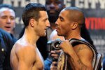 ATLANTIC CITY, NJ - DECEMBER 16: Carl Froch and Andre Ward stand face to face after weigh-in for the SHOWTIME Super Six World Boxing Classic Final at Circus Max Theater on December 16, 2011 in Atlantic City, New Jersey. (Photo by Drew Hallowell/Getty Images)