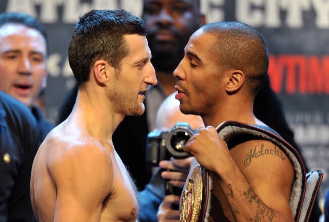 ATLANTIC CITY, NJ - DECEMBER 16: Carl Froch and Andre Ward stand face to face after weigh-in for the SHOWTIME Super Six World Boxing Classic Final at Circus Max Theater on December 16, 2011 in Atlantic City, New Jersey. (Photo by Drew Hallowell/Getty Images)