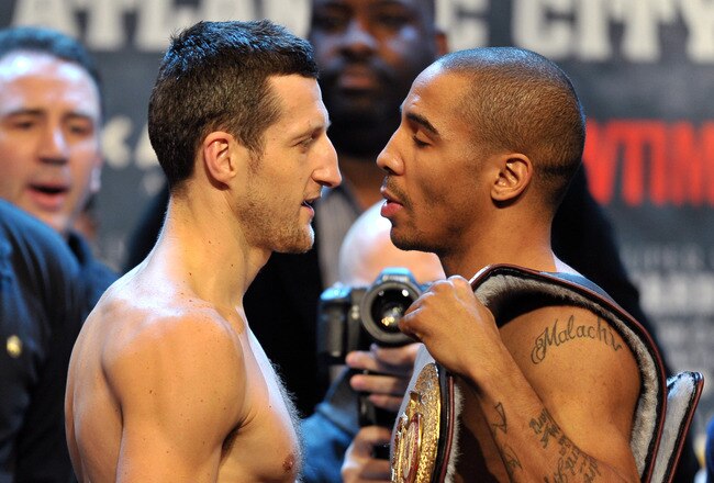 ATLANTIC CITY, NJ - DECEMBER 16: Carl Froch and Andre Ward stand face to face after weigh-in for the SHOWTIME Super Six World Boxing Classic Final at Circus Max Theater on December 16, 2011 in Atlantic City, New Jersey. (Photo by Drew Hallowell/Getty Images)