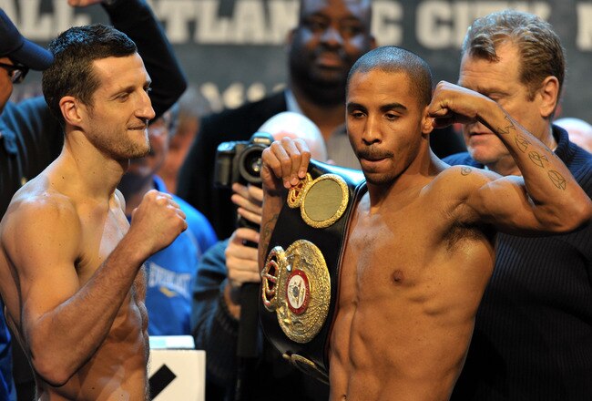 ATLANTIC CITY, NJ - DECEMBER 16: Carl Froch and Andre Ward pose after weigh-in for the SHOWTIME Super Six World Boxing Classic Final at Circus Max Theater on December 16, 2011 in Atlantic City, New Jersey. (Photo by Drew Hallowell/Getty Images)