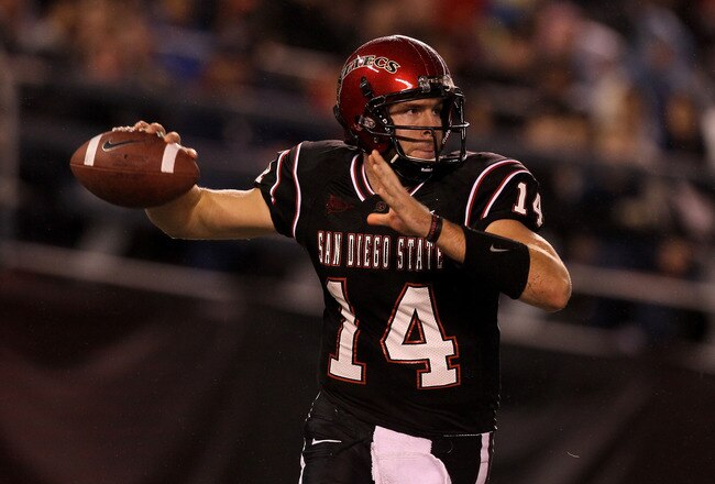 SAN DIEGO - NOVEMBER 20:  Quarterback Ryan Lindley #14 of the San Diego State Aztecs throws a pass against the Utah Utes at Qualcomm Stadium on November 20, 2010 in San Diego, California.  Utah won 38-34.  (Photo by Stephen Dunn/Getty Images)