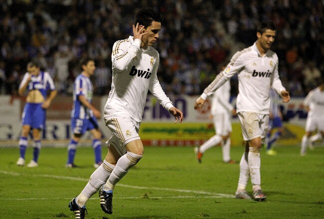 PONFERRADA, SPAIN - DECEMBER 13:  Jose Callejon of Real Madrid celebrates after scoring Real's opening goal during the round of last 16 Copa del Rey first leg match between Ponferradina and Real Madrid at Estadio El Toralin on December 13, 2011 in Ponferrada, Spain.  (Photo by Angel Martinez/Getty Images)