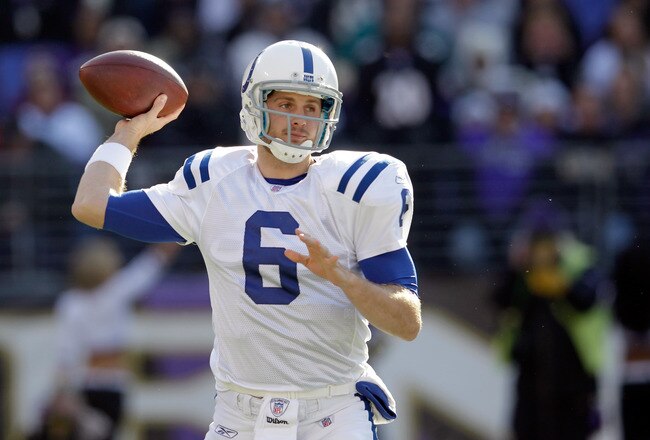 BALTIMORE, MD - DECEMBER 11:  Dan Orlovsky #6 of the Indianapolis Colts thows a pass against the Baltimore Ravens at M&T Bank Stadium on December 11, 2011 in Baltimore, Maryland.  (Photo by Rob Carr/Getty Images)