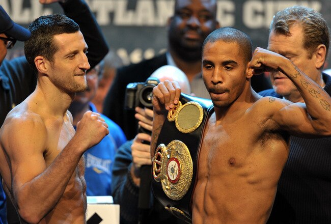 ATLANTIC CITY, NJ - DECEMBER 16: Carl Froch and Andre Ward pose after weigh-in for the SHOWTIME Super Six World Boxing Classic Final at Circus Max Theater on December 16, 2011 in Atlantic City, New Jersey. (Photo by Drew Hallowell/Getty Images)