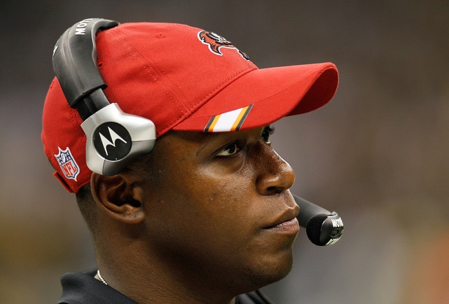 NEW ORLEANS, LA - NOVEMBER 06:  Head coach Raheem Morris of the Tampa Bay Buccaneers looks on during the game against the New Orleans Saints at Mercedes-Benz Superdome on November 6, 2011 in New Orleans, Louisiana.  (Photo by Kevin C. Cox/Getty Images)