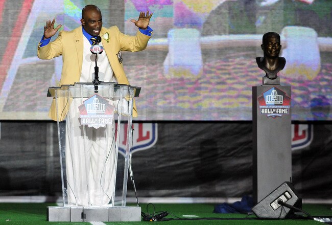 Canto, OH - AUGUST 6: Former Atlanta Falcons cornerback Deion Sanders talks to the fans after he unveiled his bust at the Enshrinement Ceremony for the Pro Football Hall of Fame on August 6, 2011 in Canton, Ohio. (Photo by Jason Miller/Getty Images)