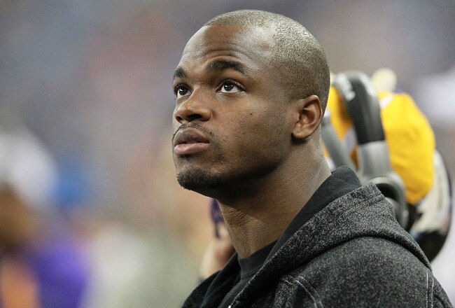 DETROIT, MI - DECEMBER 11: Adrian Peterson #28 of the Minnesota Vikings watches the action during the first half of the game against the Detroit Lions at Ford Field on December 11, 2011 in Detroit, Michigan.  (Photo by Leon Halip/Getty Images)