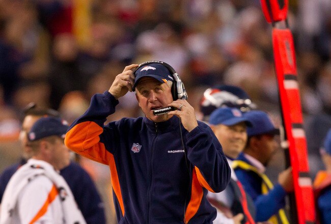DENVER, CO - DECEMBER 11:  Head coach John Fox of the Denver Broncos walks on the sideline during a game against the Chicago Bears at Sports Authority Field at Mile High on December 11, 2011 in Denver, Colorado. The Broncos defeated the Bears 13-10 in overtime. (Photo by Justin Edmonds/Getty Images)