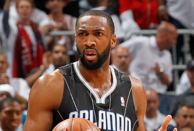 ATLANTA, GA - APRIL 28:  Gilbert Arenas #1 of the Orlando Magic against the Atlanta Hawks during Game Six of the Eastern Conference Quarterfinals in the 2011 NBA Playoffs at Philips Arena on April 28, 2011 in Atlanta, Georgia.  NOTE TO USER: User expressly acknowledges and agrees that, by downloading and or using this photograph, User is consenting to the terms and conditions of the Getty Images License Agreement.  (Photo by Kevin C. Cox/Getty Images)