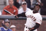 7 Oct 2001:  Barry Bonds of the San Francisco Giants hits his 73rd home run against Dennis Springer of the Los Angeles Dodgers in the first inning at Pac Bell Park in San Francisco, California. DIGITAL IMAGE> Mandatory Credit: Jed Jacobsohn/ALLSPORT