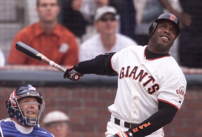 7 Oct 2001:  Barry Bonds of the San Francisco Giants hits his 73rd home run against Dennis Springer of the Los Angeles Dodgers in the first inning at Pac Bell Park in San Francisco, California. DIGITAL IMAGE> Mandatory Credit: Jed Jacobsohn/ALLSPORT