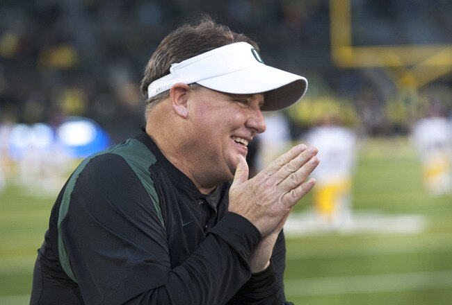 EUGENE, OR - NOVEMBER 19: Head coach Chip Kelly of the Oregon Ducks smiles before the game against the USC Trojans at Autzen Stadium on November 19, 2011 in Eugene, Oregon. (Photo by Steve Dykes/Getty Images)