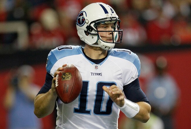 ATLANTA, GA - NOVEMBER 20:  Jake Locker #10 of the Tennessee Titans looks to pass against the Atlanta Falcons at Georgia Dome on November 20, 2011 in Atlanta, Georgia.  (Photo by Kevin C. Cox/Getty Images)