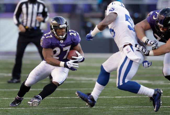 BALTIMORE, MD - DECEMBER 11:  Ray Rice #27 of the Baltimore Ravens carries the ball against the Indianapolis Colts during the second half at M&T Bank Stadium on December 11, 2011 in Baltimore, Maryland.  (Photo by Rob Carr/Getty Images)