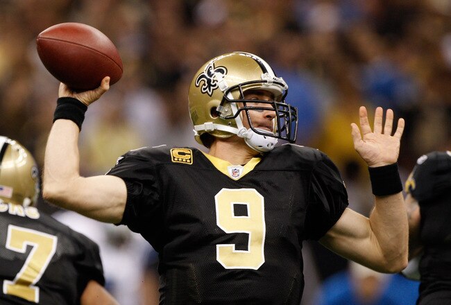 NEW ORLEANS, LA - DECEMBER 04: Quarterback Drew Brees #9 of the New Orleans Saints looks to pass against the Detroit Lions in the first quarter at Mercedes-Benz Superdome on December 4, 2011 in New Orleans, Louisiana. (Photo by Chris Graythen/Getty Images)