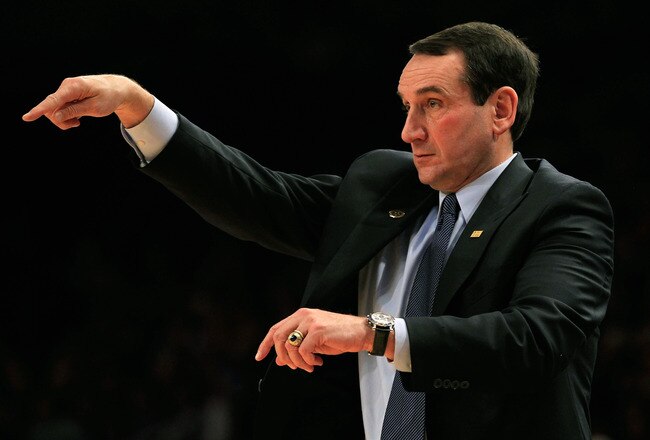 NEW YORK, NY - DECEMBER 10:  Head coach Mike Krzyzewski of the Duke Blue Devils coaches against the Washington Huskies at Madison Square Garden on December 10, 2011 in New York City.  (Photo by Chris Trotman/Getty Images)