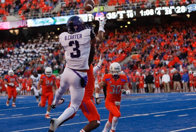 BOISE, ID - NOVEMBER 12:  Brandon Carter #3 of the TCU Horned Frogs makes a catch for a touchdown against the Boise State Broncos at Bronco Stadium on November 12, 2011 in Boise, Idaho.  (Photo by Otto Kitsinger III/Getty Images)