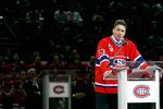 MONTREAL- NOVEMBER 22:   Former Montreal Canadiens goalie Patrick Roy speaks to fans during his retirement ceremony before the game against the Boston Bruins at the Bell Centre on November 22, 2008 in Montreal, Quebec, Canada.  The Bruins defeated the Canadiens 3-2 in a shootout.  (Photo by Richard Wolowicz/Getty Images)