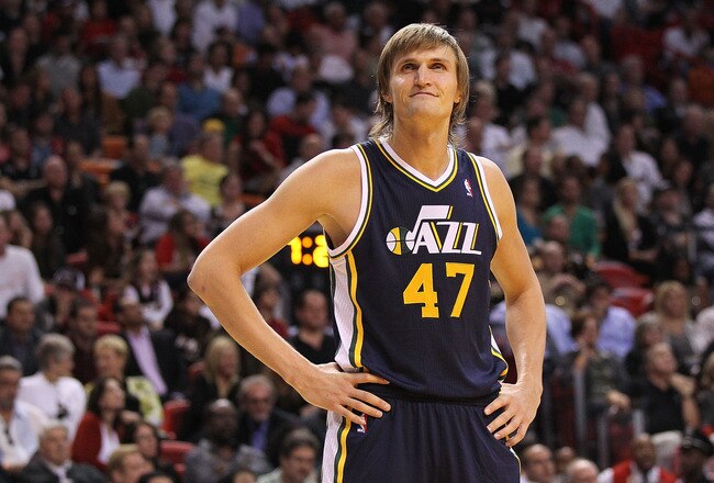MIAMI - NOVEMBER 09:  Andrei Kirilenko #47 of the Utah Jazz waits during a foul shot during a game agsinst the Miami Heat at American Airlines Arena on November 9, 2010 in Miami, Florida. NOTE TO USER: User expressly acknowledges and agrees that, by downloading and/or using this Photograph, User is consenting to the terms and conditions of the Getty Images License Agreement.  (Photo by Mike Ehrmann/Getty Images)