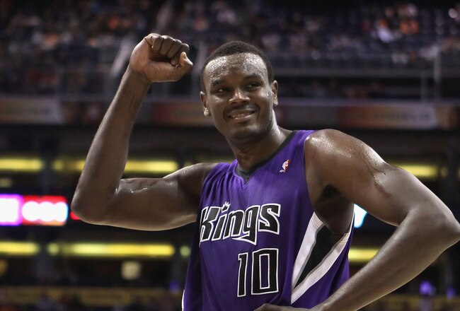 PHOENIX, AZ - FEBRUARY 13:  Samuel Dalembert #10 of the Sacramento Kings reacts to the crowd during the NBA game against the Phoenix Suns at US Airways Center on February 13, 2011 in Phoenix, Arizona. The Kings defeated the Suns 113-108.  NOTE TO USER: User expressly acknowledges and agrees that, by downloading and or using this photograph, User is consenting to the terms and conditions of the Getty Images License Agreement.  (Photo by Christian Petersen/Getty Images)