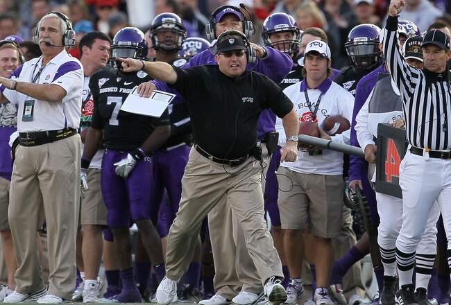 PASADENA, CA - JANUARY 01:  Head coach Gary Patterson of the TCU Horned Frogs stands on the sidelines against the Wisconsin Badgers during the 97th Rose Bowl game on January 1, 2011 in Pasadena, California.  (Photo by Stephen Dunn/Getty Images)