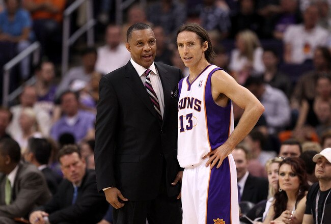 PHOENIX, AZ - APRIL 13:  Head coach Alvin Gentry and Steve Nash #13 of the Phoenix Suns talk during the NBA game against the San Antonio Spurs at US Airways Center on April 13, 2011 in Phoenix, Arizona.  NOTE TO USER: User expressly acknowledges and agrees that, by downloading and or using this photograph, User is consenting to the terms and conditions of the Getty Images License Agreement.  (Photo by Christian Petersen/Getty Images)