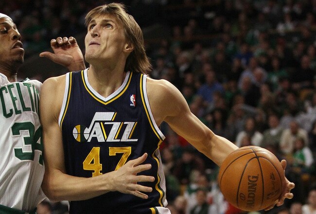 BOSTON, MA - JANUARY 21:  Andrei Kirilenko #47 of the Utah Jazz heads for the basket as Paul Pierce #34 of the Boston Celtics defends on January 21, 2011 at the TD Garden in Boston, Massachusetts.  NOTE TO USER: User expressly acknowledges and agrees that, by downloading and/or using this Photograph, User is consenting to the terms and conditions of the Getty Images License Agreement.  (Photo by Elsa/Getty Images)