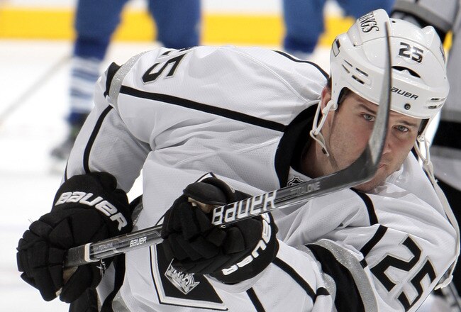 TORONTO, CANADA - DECEMBER 19: Dustin Penner #25 of the Los Angeles Kings shoots during warmup before NHL action against the Toronto Maple Leafs at The Air Canada Centre December 19, 2011 in Toronto, Ontario, Canada. (Photo by Abelimages/Getty Images)