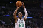 BOSTON - NOVEMBER 01:  Ray Allen #20 of the Boston Celtics takes a shot in the first half against the New Orleans Hornets at the TD Garden on November 1, 2009 in Boston, Massachusetts.  NOTE TO USER: User expressly acknowledges and agrees that, by downloading and or using this photograph, User is consenting to the terms and conditions of the Getty Images License Agreement.  (Photo by Elsa/Getty Images)