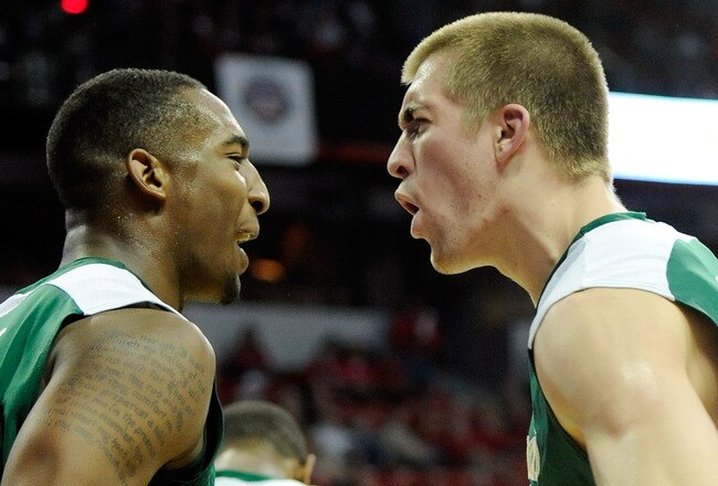 LAS VEGAS, NV - JANUARY 19:  Greg Smith (L) #44 and Pierce Hornung #4 of the Colorado State Rams celebrate late in the team's 78-63 victory over the UNLV Rebels at the Thomas & Mack Center January 19, 2011 in Las Vegas, Nevada.  (Photo by Ethan Miller/Getty Images)