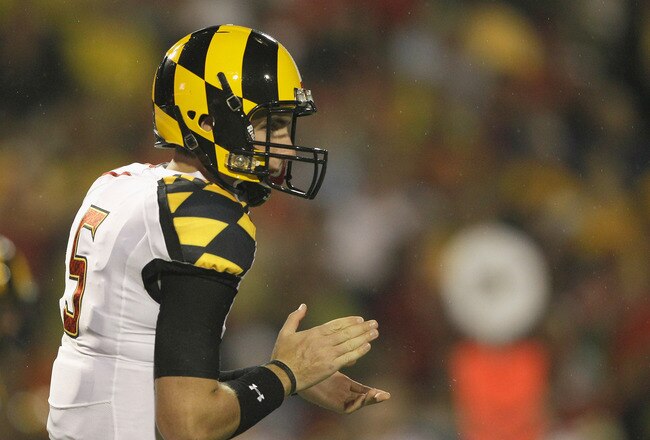 COLLEGE PARK, MD - SEPTEMBER 05: Quarterback Danny O'Brien #5 of the Maryland Terrapins lines up against the Miami Hurricanes at Byrd Stadium on September 5, 2011 in College Park, Maryland.  (Photo by Rob Carr/Getty Images)