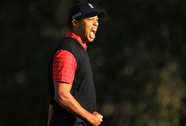 THOUSAND OAKS, CA - DECEMBER 04:  Tiger Woods celebrates his birdie putt on the 18th green to win the Chevron World Challenge at Sherwood Country Club on December 4, 2011 in Thousand Oaks, California.  (Photo by Scott Halleran/Getty Images)