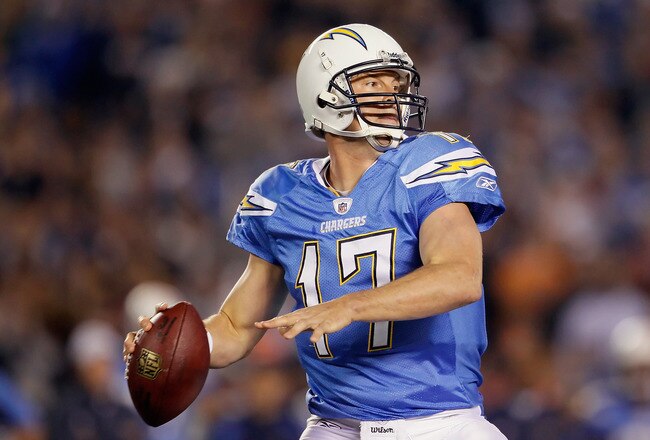 SAN DIEGO, CA - DECEMBER 18:  Quarterback Philip Rivers #17 of the San Diego Chargers drops back to pass against the Baltimore Ravens at Qualcomm Stadium on December 18, 2011 in San Diego, California.  (Photo by Jeff Gross/Getty Images)