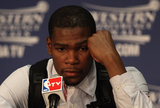OKLAHOMA CITY, OK - MAY 23:  Kevin Durant #35 of the Oklahoma City Thunder addresses the media after the Dallas Mavericks defeated the Thunder 112-105 in overtime in Game Four of the Western Conference Finals during the 2011 NBA Playoffs at Oklahoma City Arena on May 23, 2011 in Oklahoma City, Oklahoma. NOTE TO USER: User expressly acknowledges and agrees that, by downloading and or using this photograph, User is consenting to the terms and conditions of the Getty Images License Agreement.  (Photo by Christian Petersen/Getty Images)