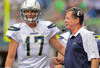 SEATTLE - SEPTEMBER 26:  Head coach Norv Turner of the San Diego Chargers talks with quarterback Philip Rivers #17 during the game against the Seattle Seahawks at Qwest Field on September 26, 2010 in Seattle, Washington. (Photo by Otto Greule Jr/Getty Images)