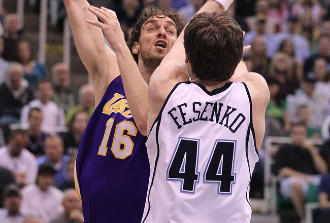 SALT LAKE CITY - MAY 10:  Pau Gasol #16 of the Los Angeles Lakers shoots over Krylo Fesenko #44 of the Utah Jazz during Game Four of the Western Conference Semifinals of the 2010 NBA Playoffs on May 10, 2010 at Energy Solutions Arena in Salt Lake City, Utah. NOTE TO USER: User expressly acknowledges and agrees that, by downloading and or using this Photograph, user is consenting to the terms and conditions of the Getty Images License Agreement. (Photo by Jed Jacobsohn/Getty Images)