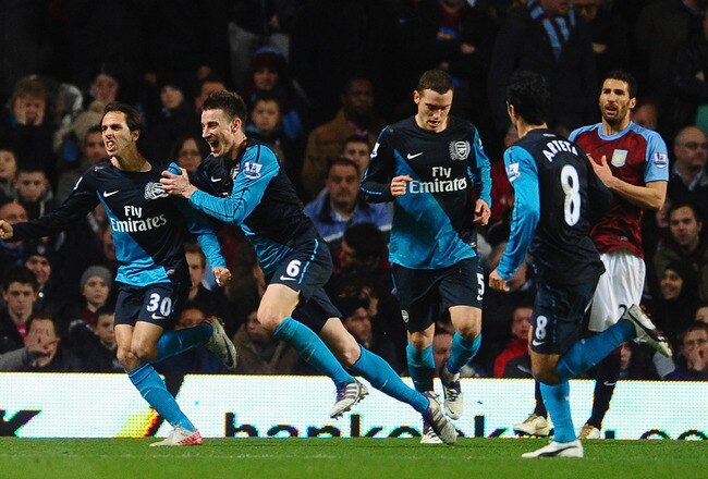 BIRMINGHAM, ENGLAND - DECEMBER 21:  Yossi Benayoun of Arsenal celebrates scoring the second goal goal during the Barclays Premier League match between Aston Villa and Arsenal at Villa Park on December 21, 2011 in Birmingham, England.  (Photo by Laurence Griffiths/Getty Images)